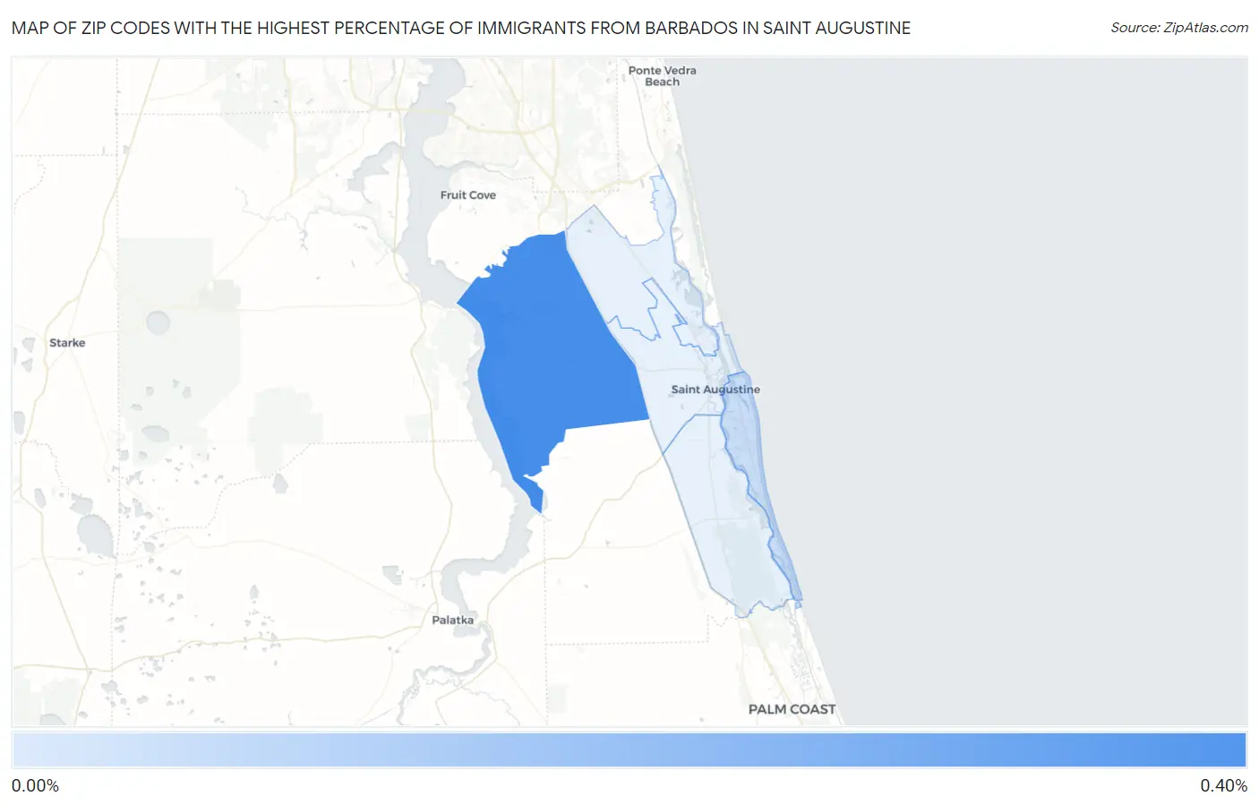 Zip Codes with the Highest Percentage of Immigrants from Barbados in Saint Augustine Map
