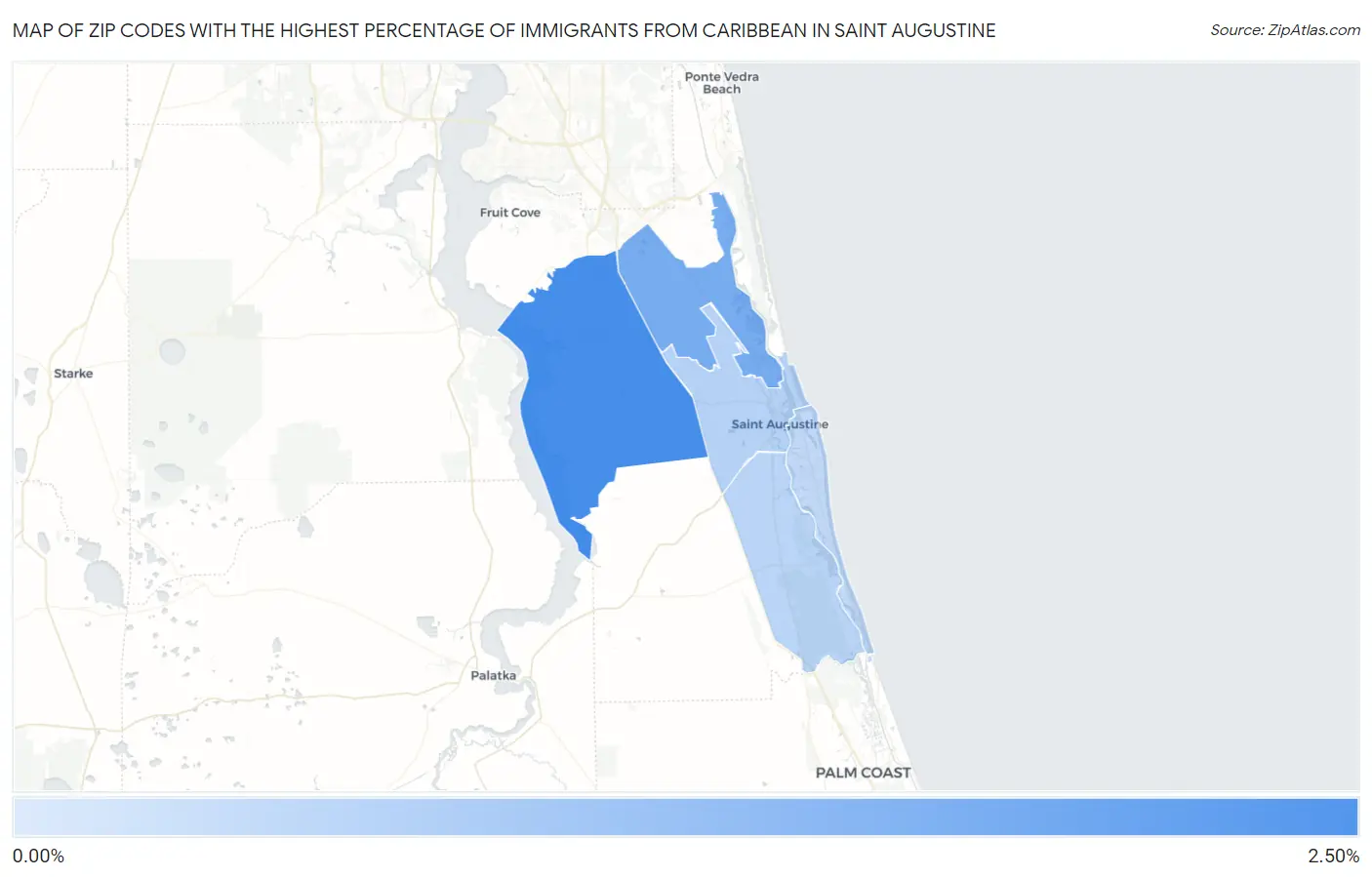 Zip Codes with the Highest Percentage of Immigrants from Caribbean in Saint Augustine Map