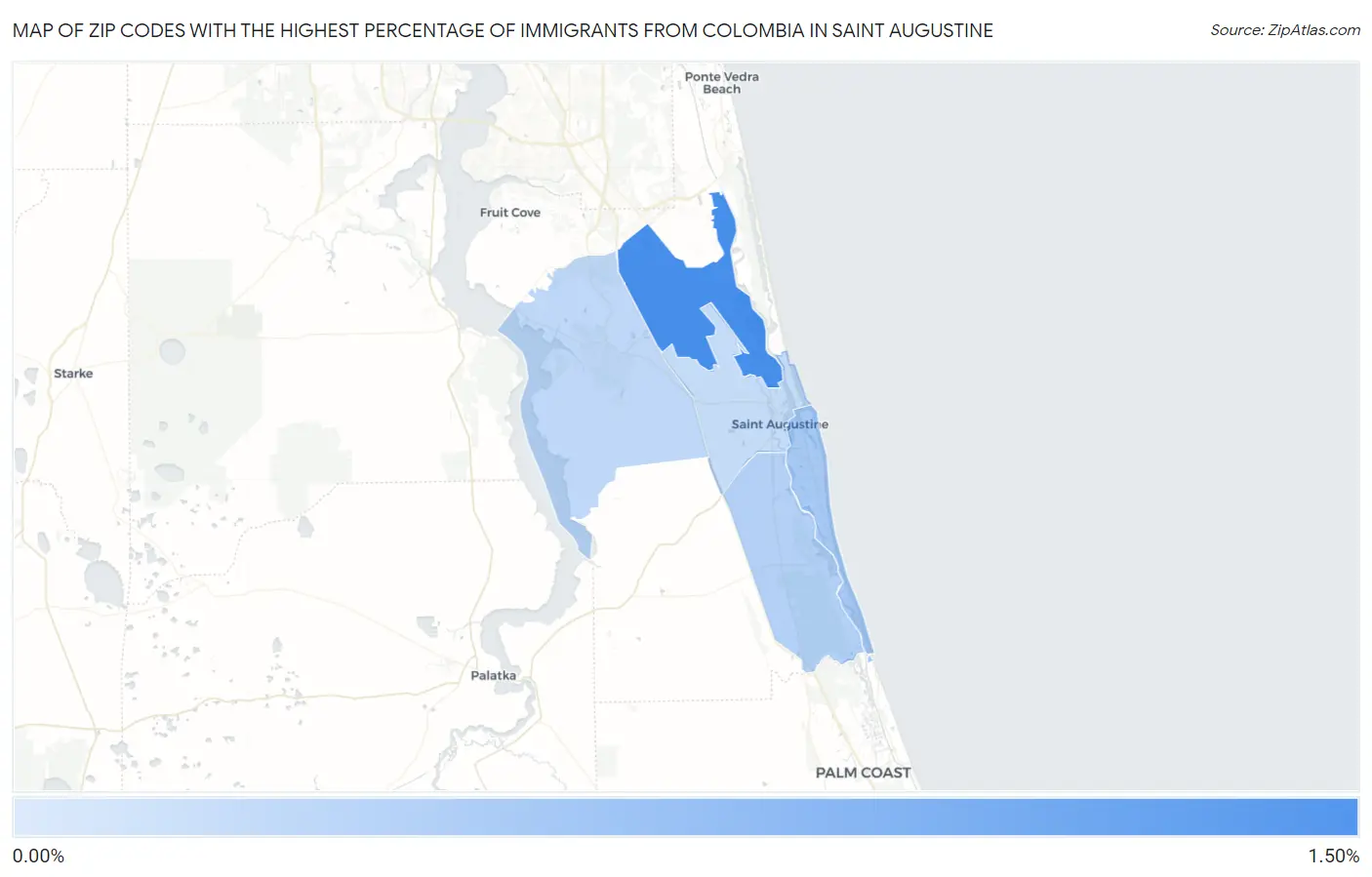 Zip Codes with the Highest Percentage of Immigrants from Colombia in Saint Augustine Map