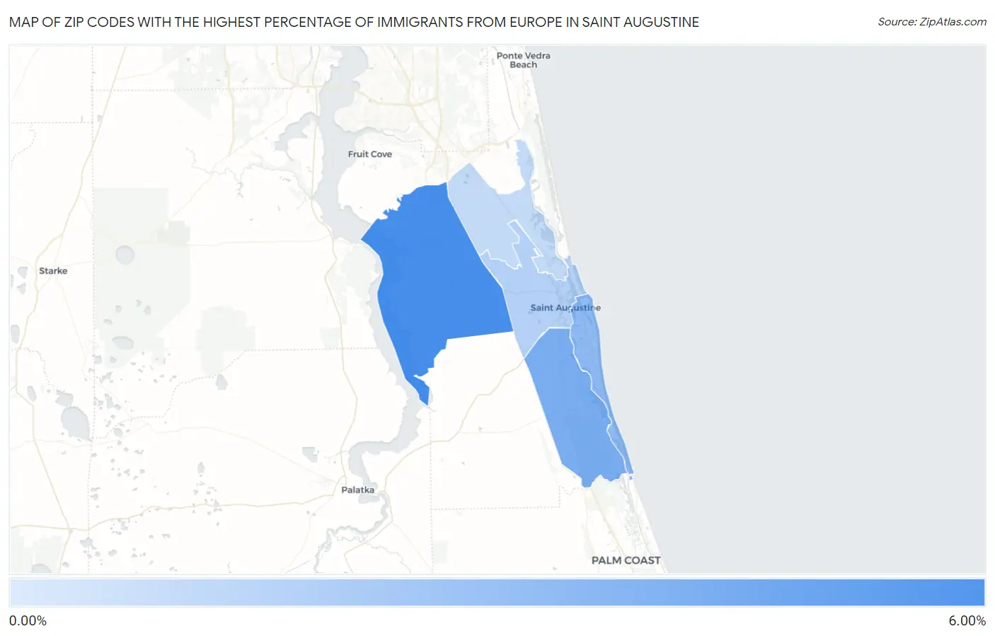 Zip Codes with the Highest Percentage of Immigrants from Europe in Saint Augustine Map