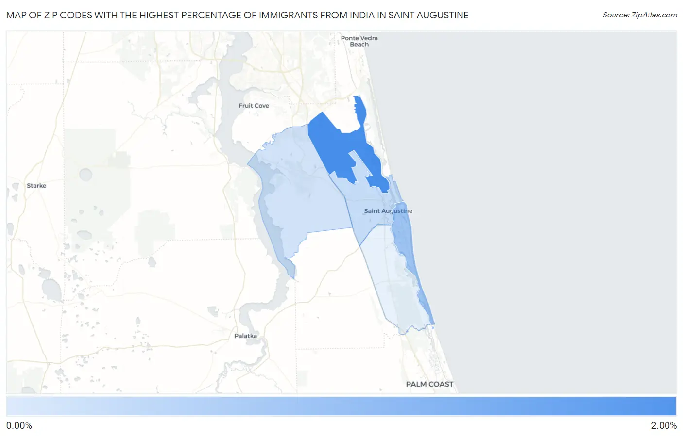 Zip Codes with the Highest Percentage of Immigrants from India in Saint Augustine Map
