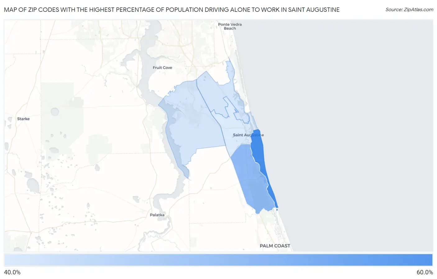 Zip Codes with the Highest Percentage of Population Driving Alone to Work in Saint Augustine Map