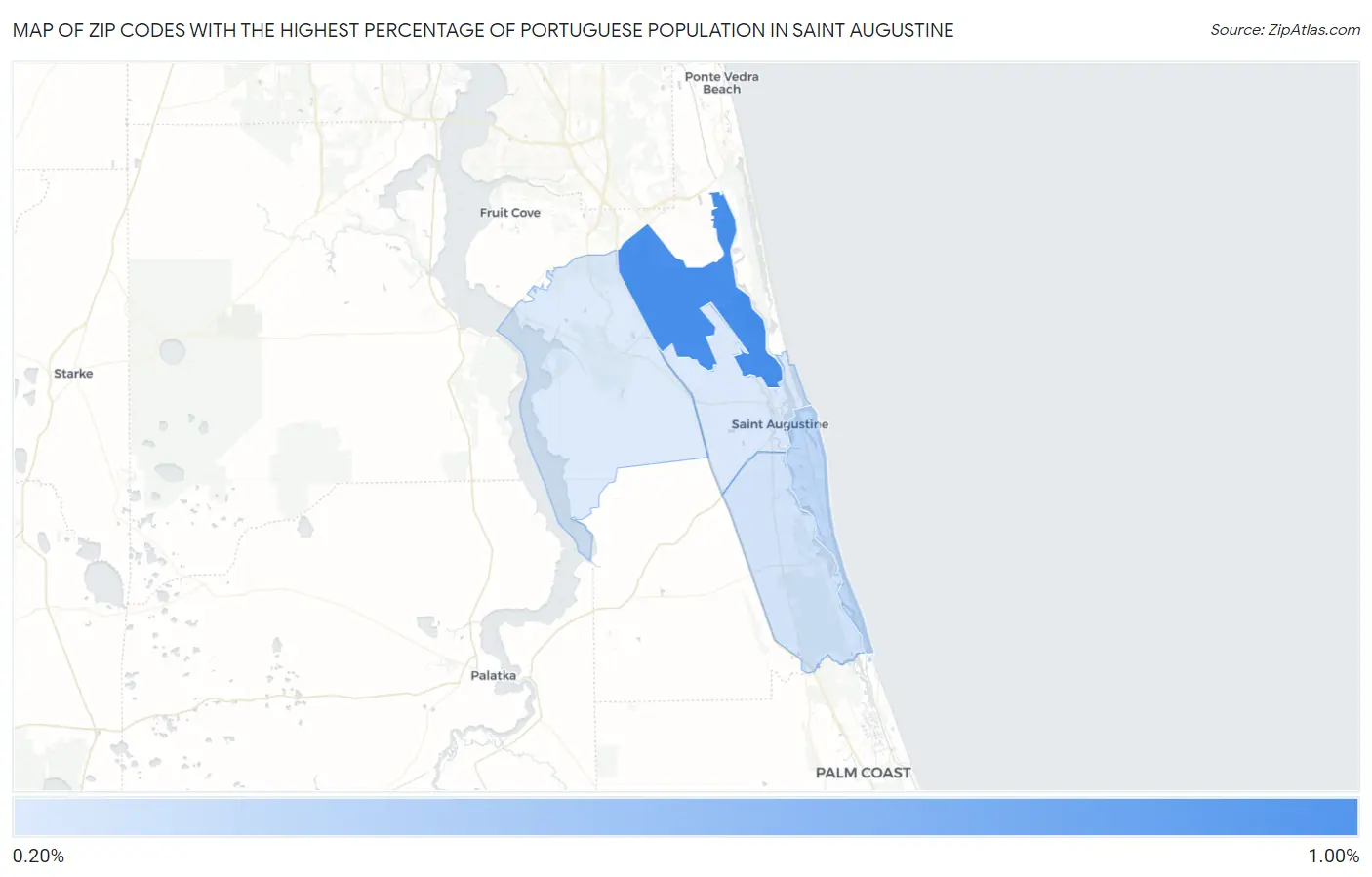 Zip Codes with the Highest Percentage of Portuguese Population in Saint Augustine Map