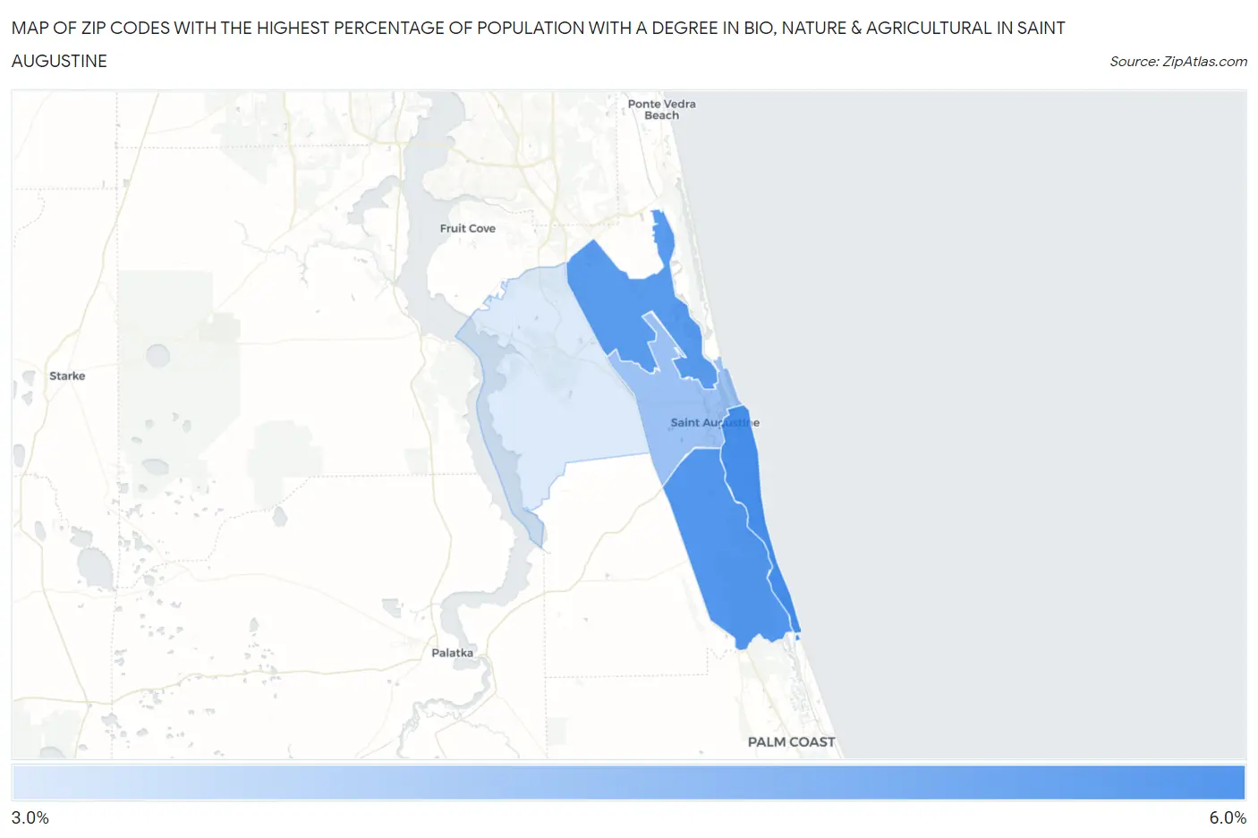 Zip Codes with the Highest Percentage of Population with a Degree in Bio, Nature & Agricultural in Saint Augustine Map