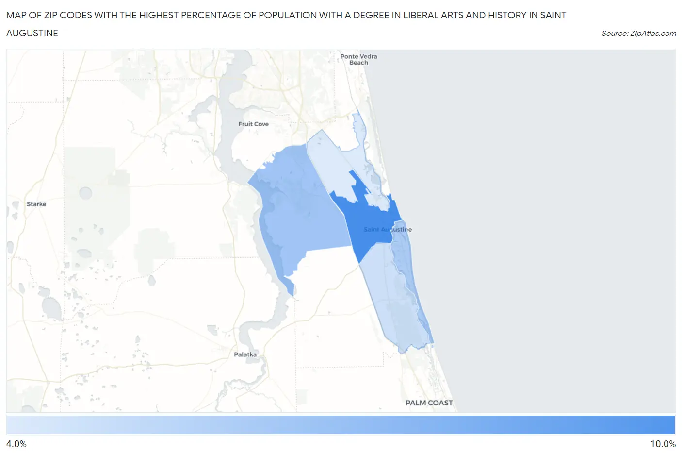 Zip Codes with the Highest Percentage of Population with a Degree in Liberal Arts and History in Saint Augustine Map