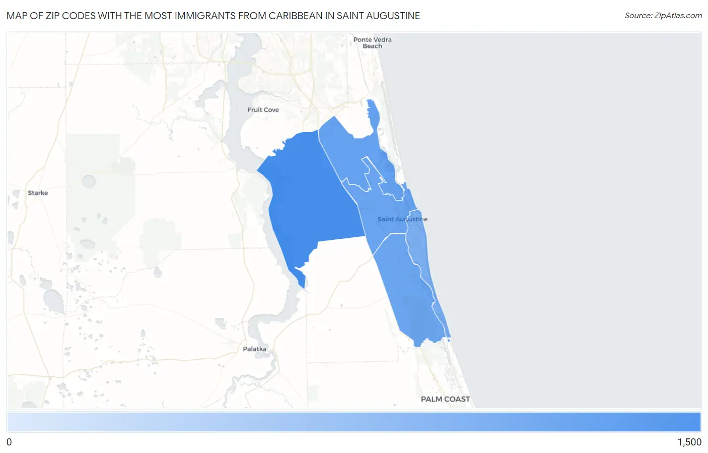 Zip Codes with the Most Immigrants from Caribbean in Saint Augustine Map