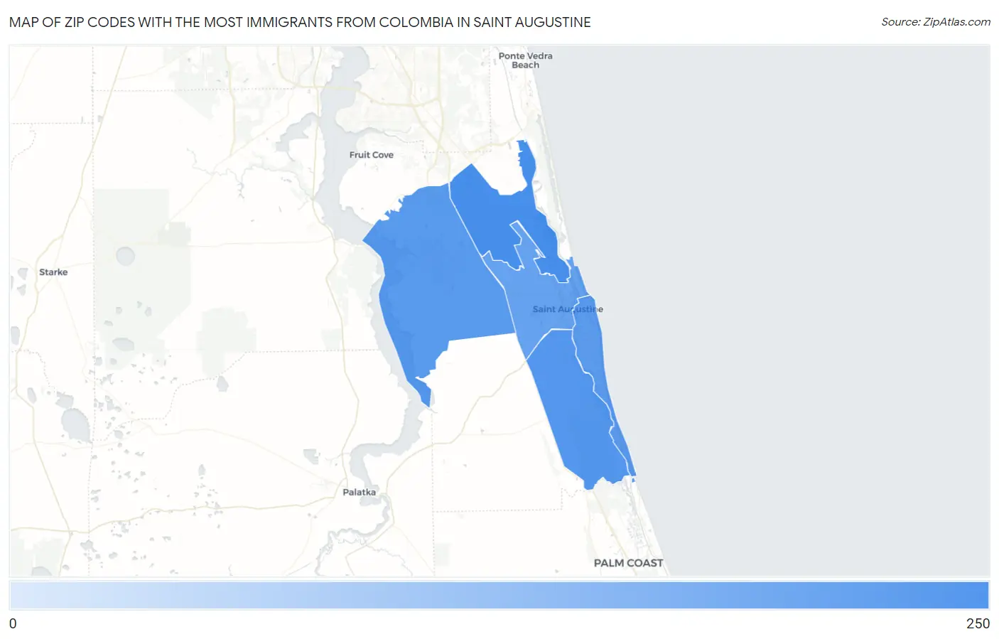 Zip Codes with the Most Immigrants from Colombia in Saint Augustine Map