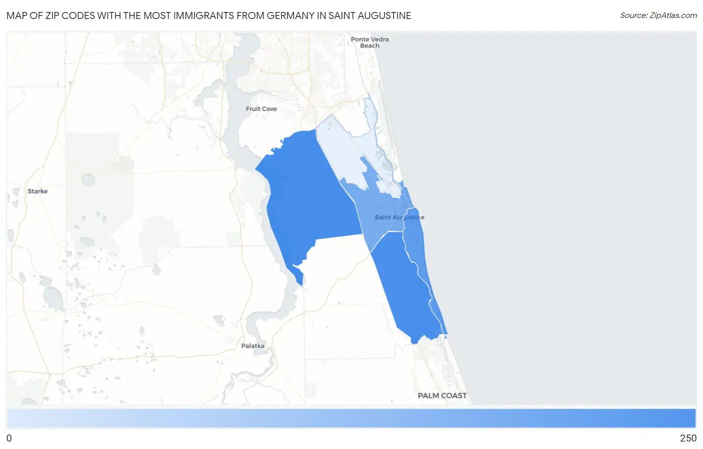 Zip Codes with the Most Immigrants from Germany in Saint Augustine Map