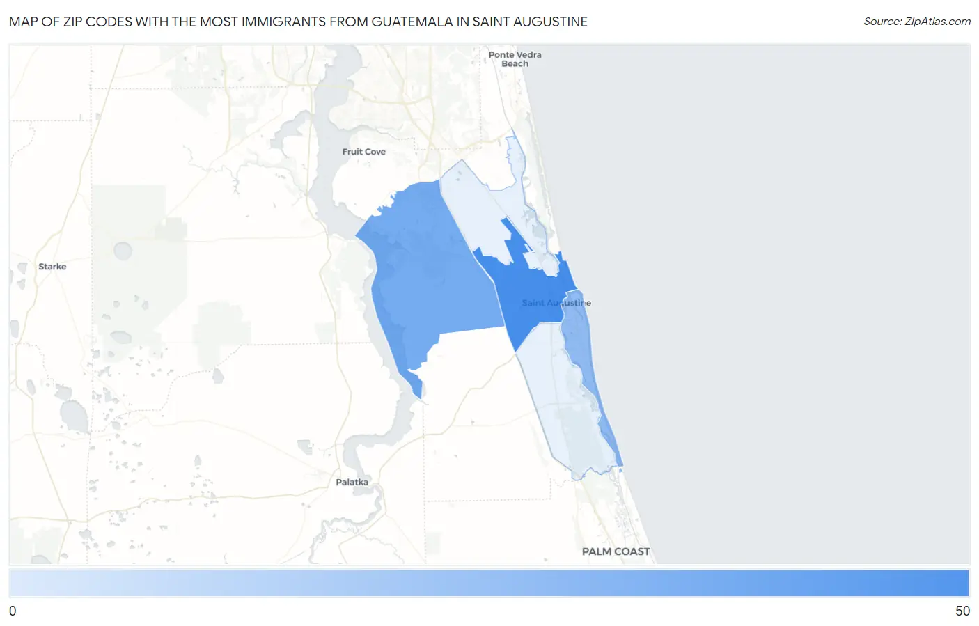 Zip Codes with the Most Immigrants from Guatemala in Saint Augustine Map