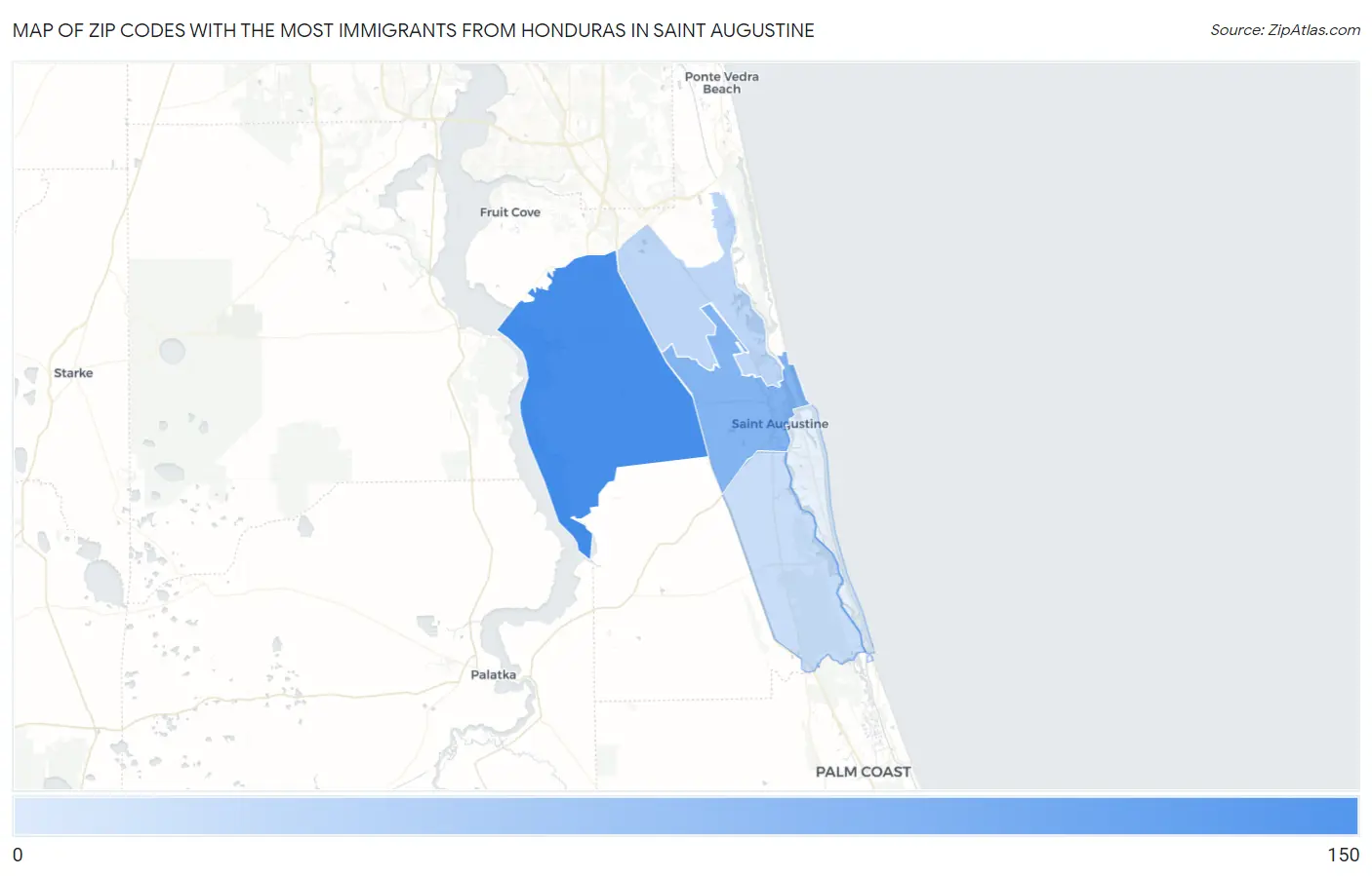 Zip Codes with the Most Immigrants from Honduras in Saint Augustine Map