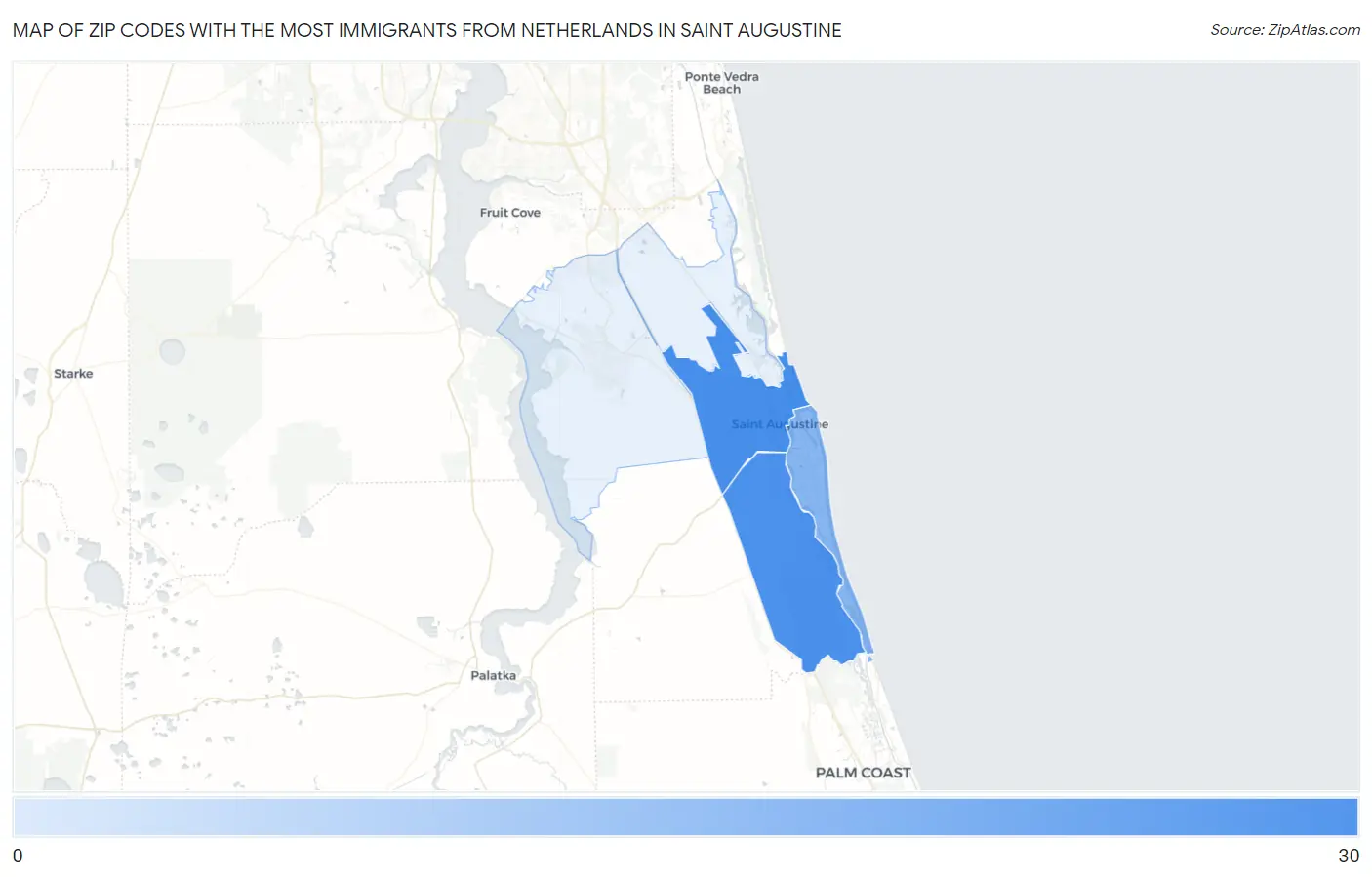 Zip Codes with the Most Immigrants from Netherlands in Saint Augustine Map