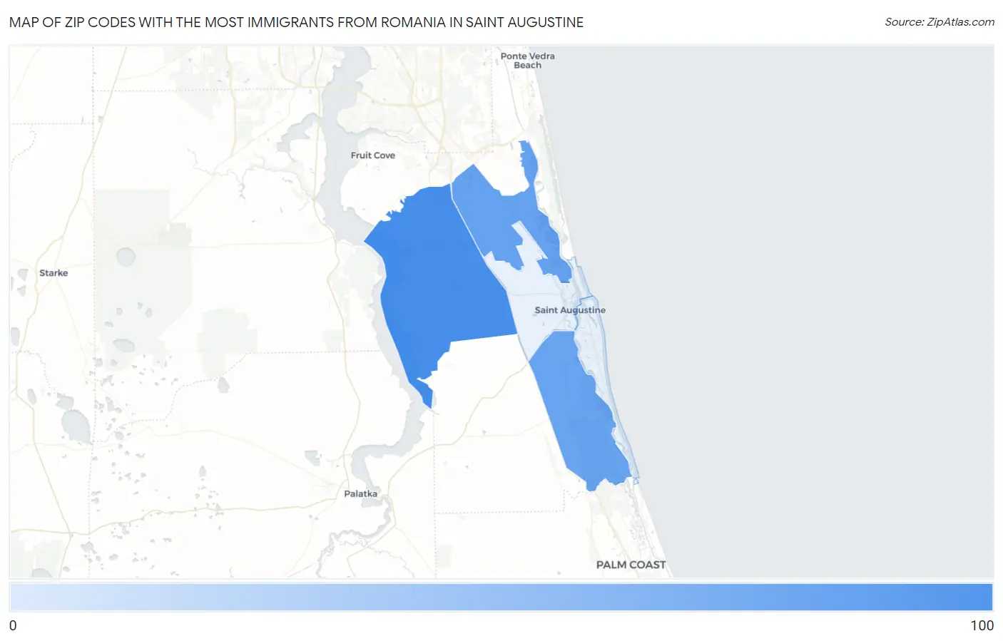 Zip Codes with the Most Immigrants from Romania in Saint Augustine Map