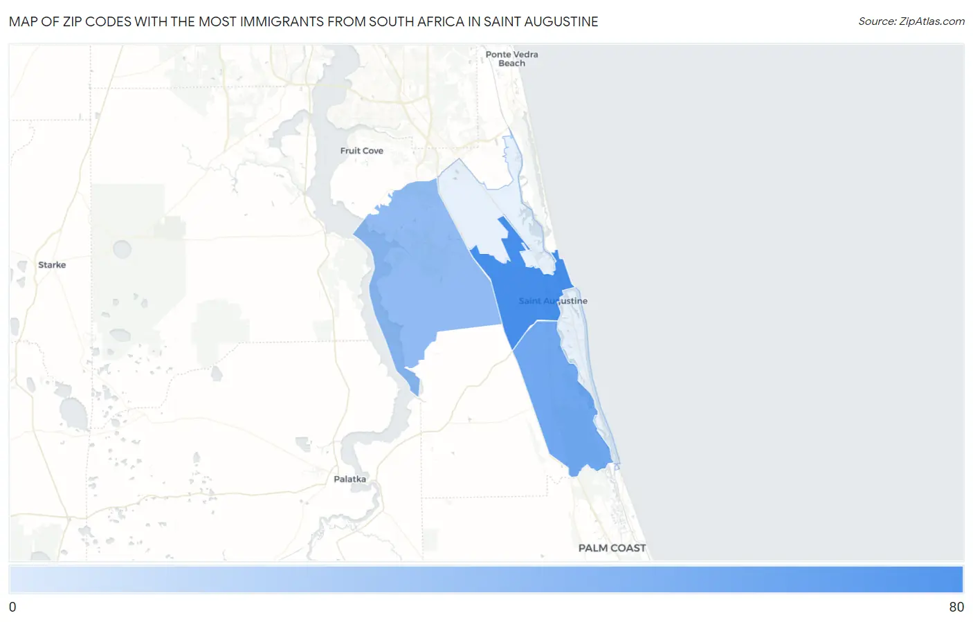 Zip Codes with the Most Immigrants from South Africa in Saint Augustine Map