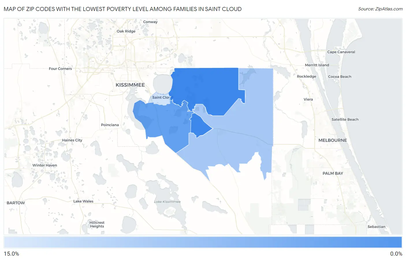 Zip Codes with the Lowest Poverty Level Among Families in Saint Cloud Map