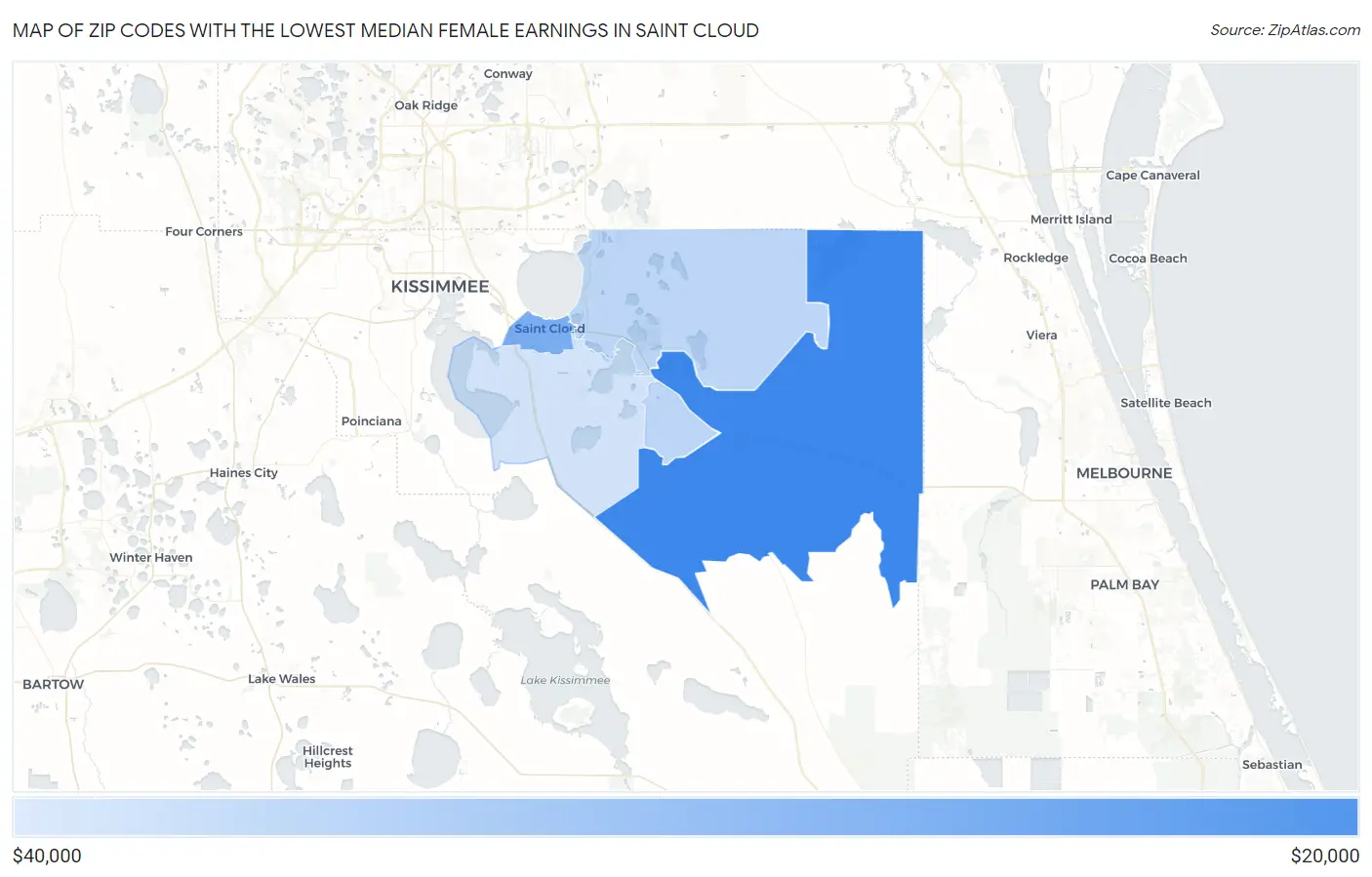 Zip Codes with the Lowest Median Female Earnings in Saint Cloud Map