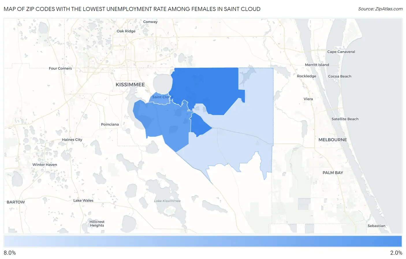 Zip Codes with the Lowest Unemployment Rate Among Females in Saint Cloud Map