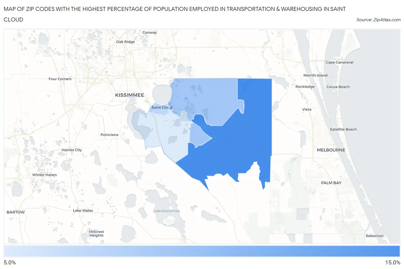 Zip Codes with the Highest Percentage of Population Employed in Transportation & Warehousing in Saint Cloud Map