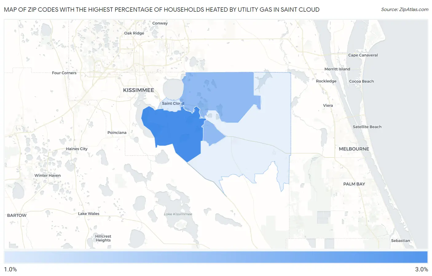 Zip Codes with the Highest Percentage of Households Heated by Utility Gas in Saint Cloud Map