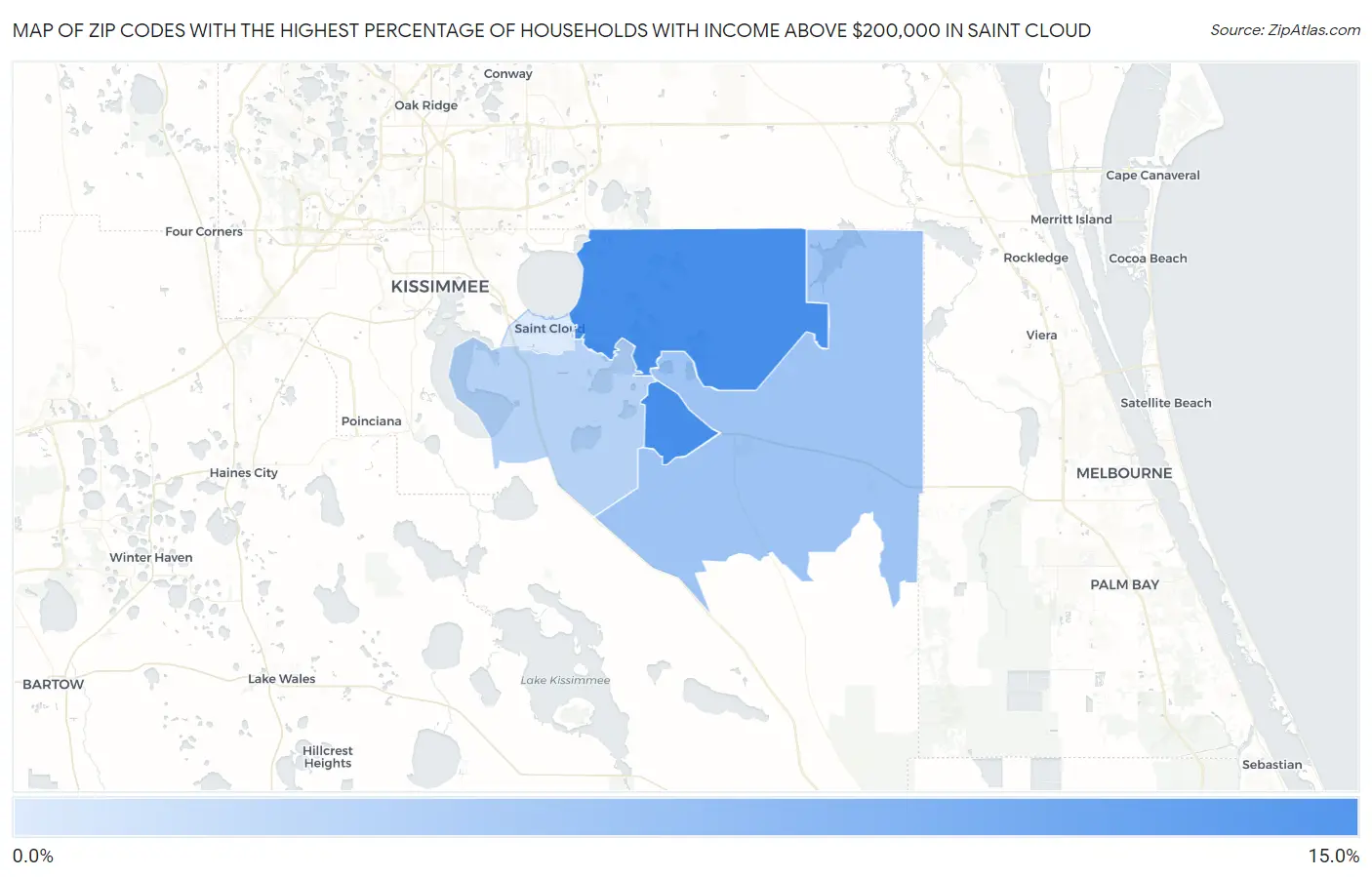 Zip Codes with the Highest Percentage of Households with Income Above $200,000 in Saint Cloud Map