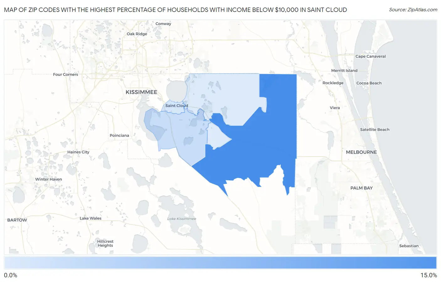 Zip Codes with the Highest Percentage of Households with Income Below $10,000 in Saint Cloud Map