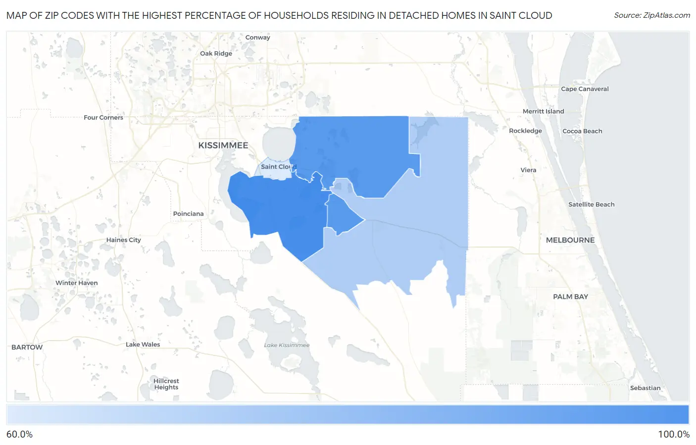 Zip Codes with the Highest Percentage of Households Residing in Detached Homes in Saint Cloud Map