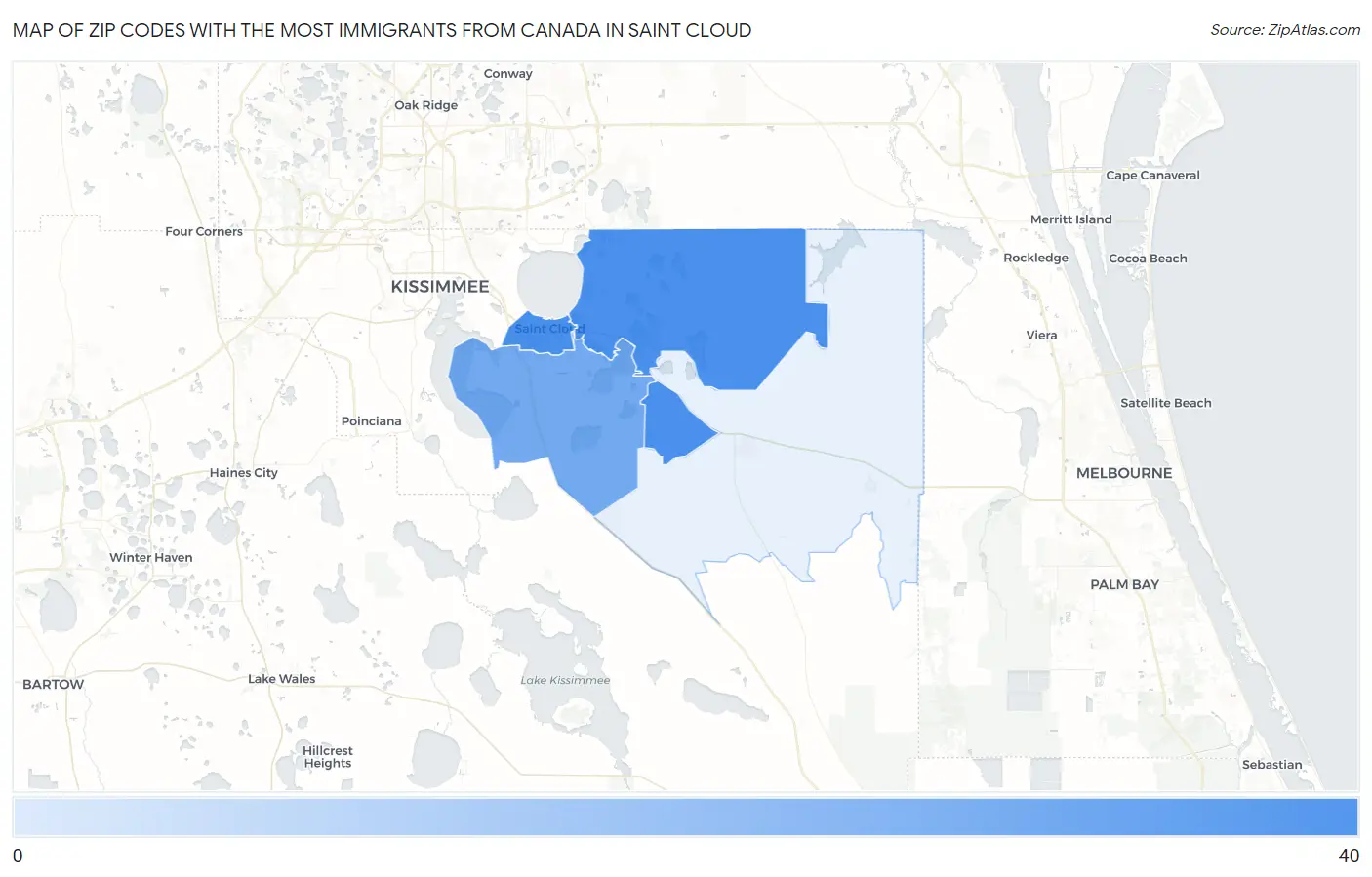 Zip Codes with the Most Immigrants from Canada in Saint Cloud Map