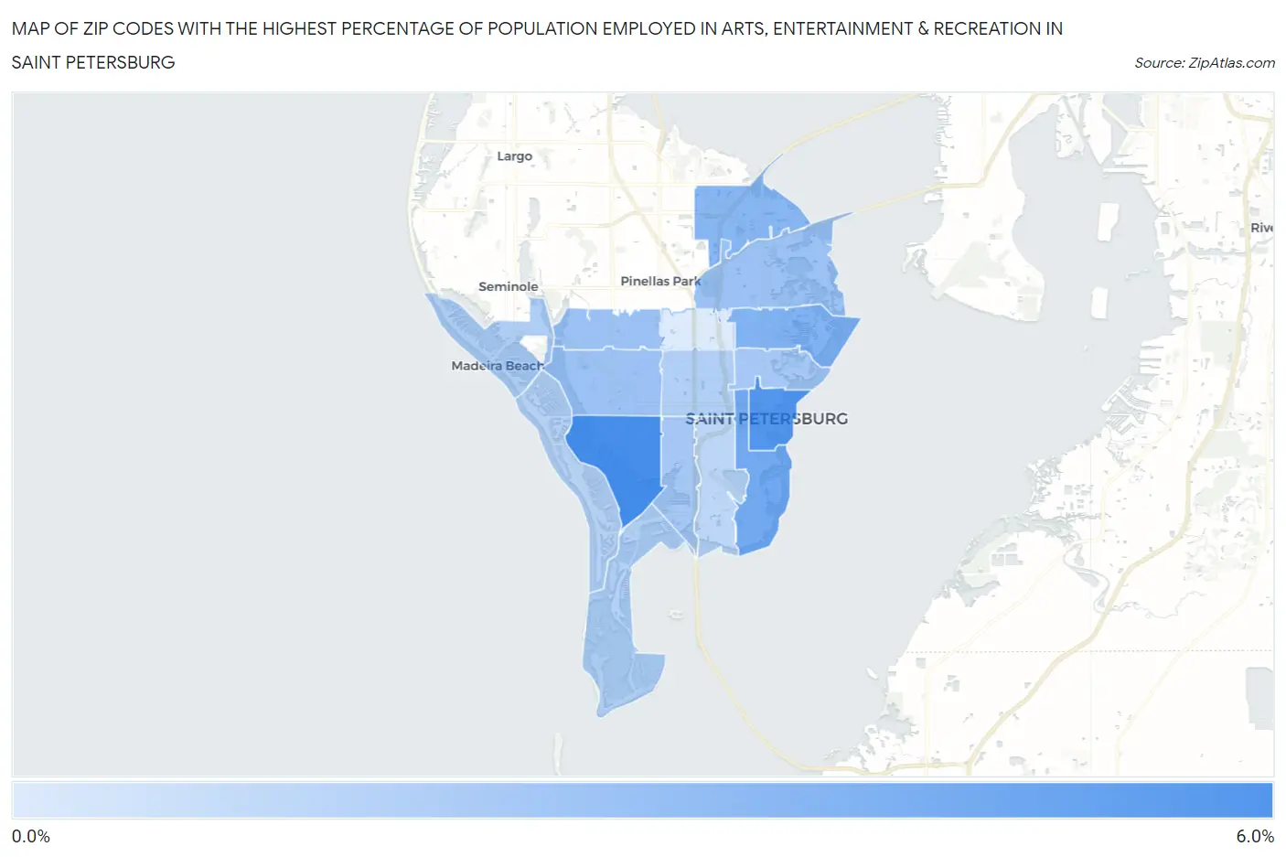 Zip Codes with the Highest Percentage of Population Employed in Arts, Entertainment & Recreation in Saint Petersburg Map