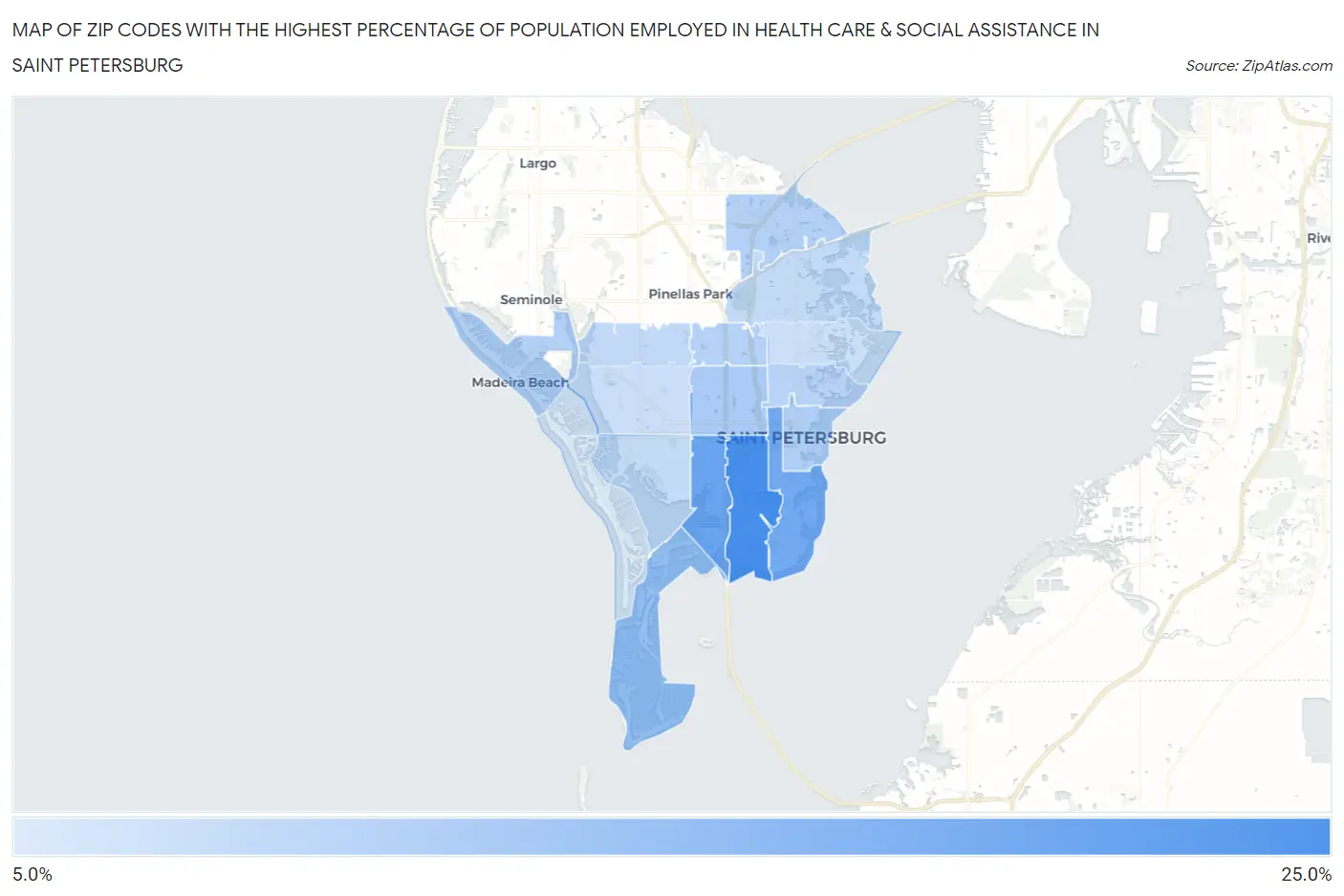 Zip Codes with the Highest Percentage of Population Employed in Health Care & Social Assistance in Saint Petersburg Map