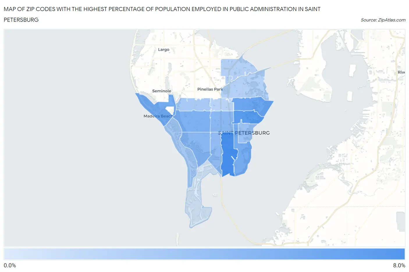 Zip Codes with the Highest Percentage of Population Employed in Public Administration in Saint Petersburg Map