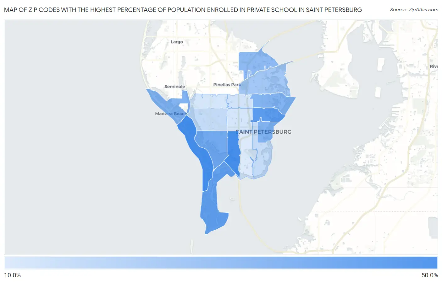 Zip Codes with the Highest Percentage of Population Enrolled in Private School in Saint Petersburg Map