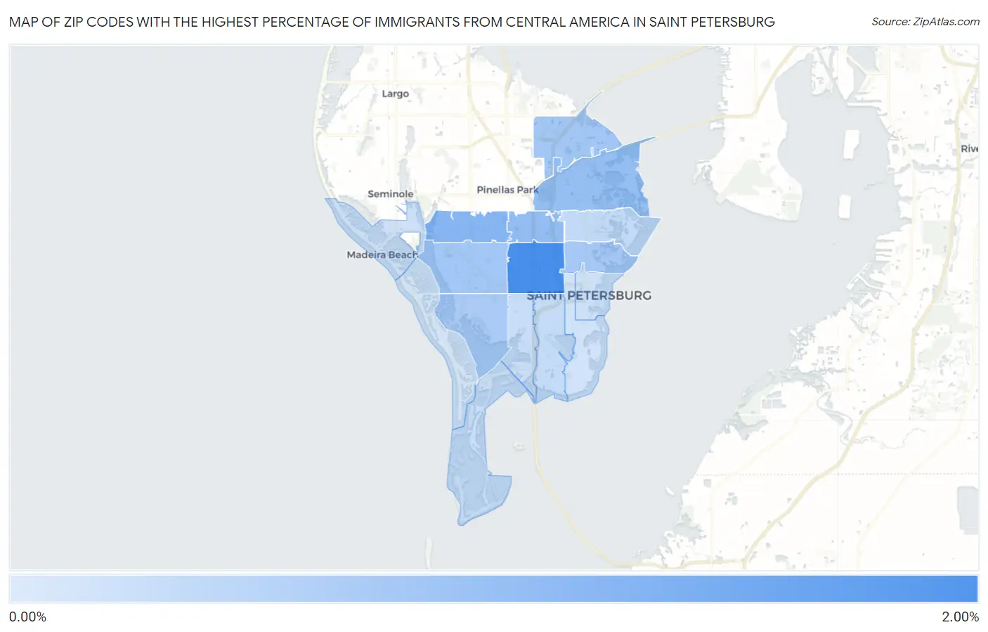 Zip Codes with the Highest Percentage of Immigrants from Central America in Saint Petersburg Map