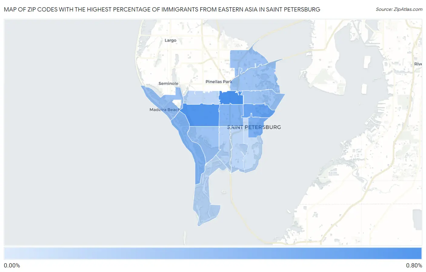 Zip Codes with the Highest Percentage of Immigrants from Eastern Asia in Saint Petersburg Map