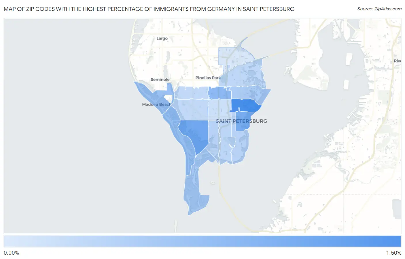 Zip Codes with the Highest Percentage of Immigrants from Germany in Saint Petersburg Map
