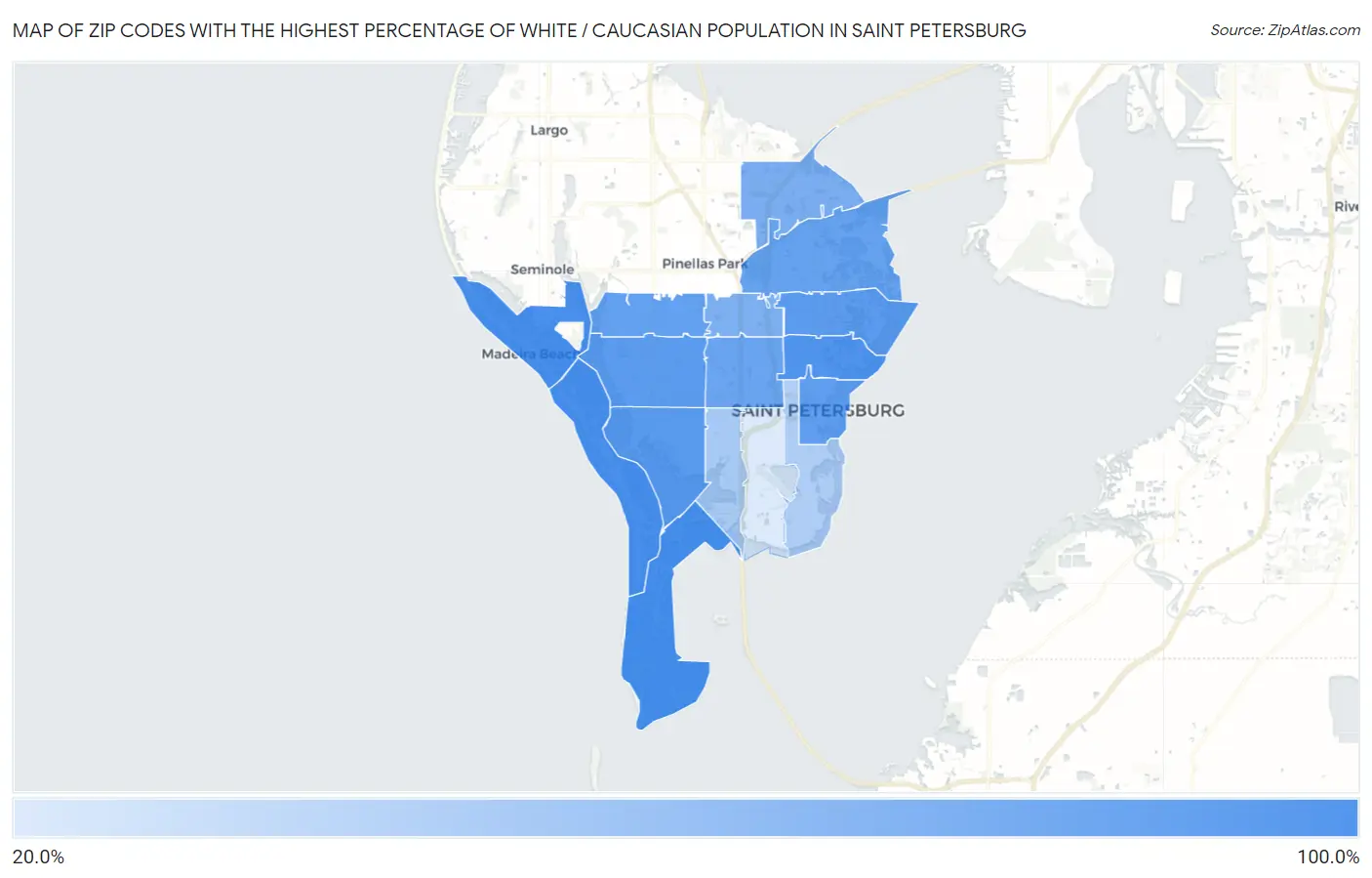 Zip Codes with the Highest Percentage of White / Caucasian Population in Saint Petersburg Map