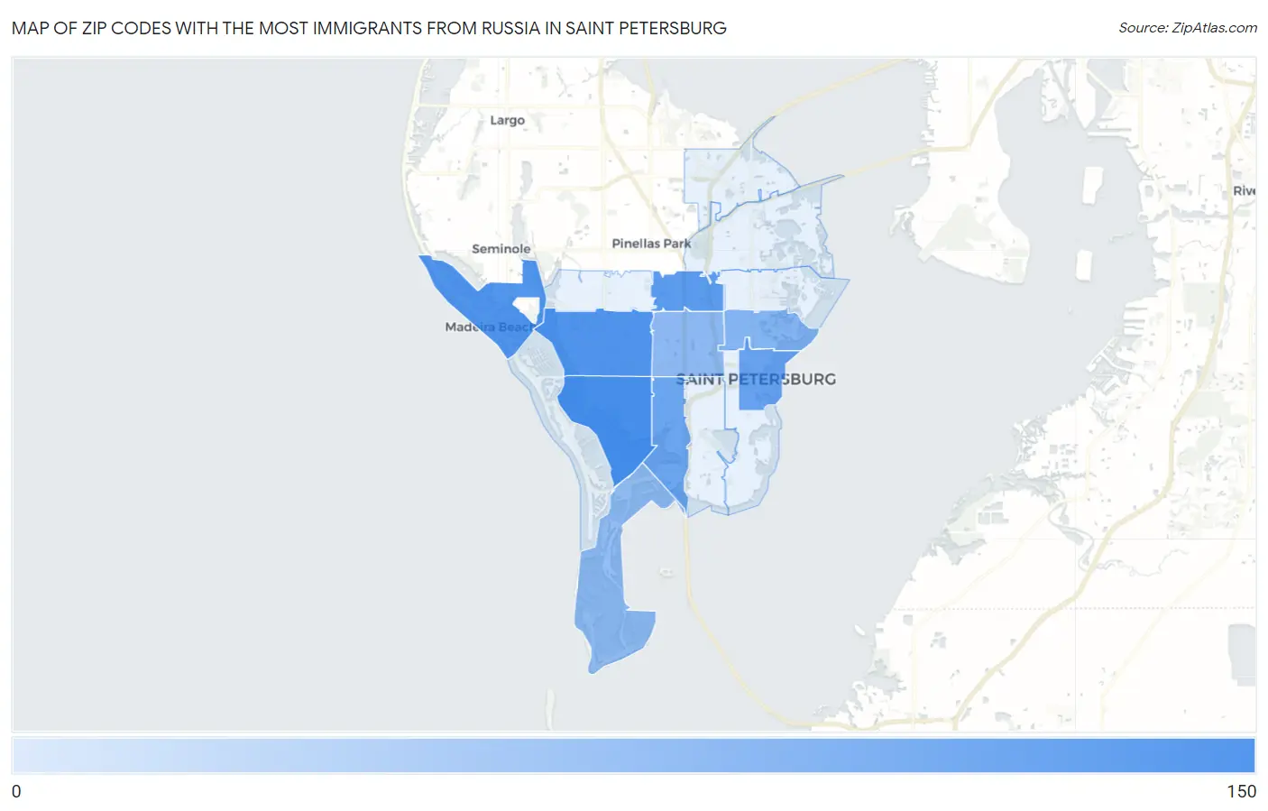 Zip Codes with the Most Immigrants from Russia in Saint Petersburg Map