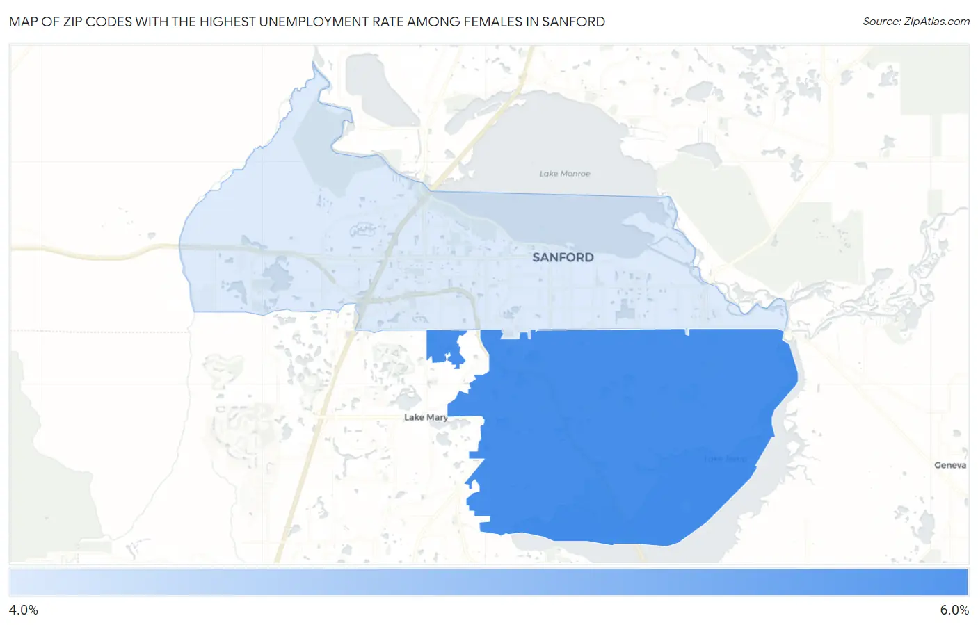 Zip Codes with the Highest Unemployment Rate Among Females in Sanford Map