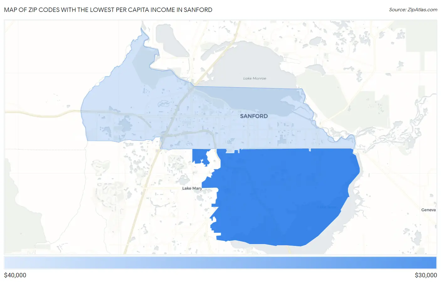 Zip Codes with the Lowest Per Capita Income in Sanford Map