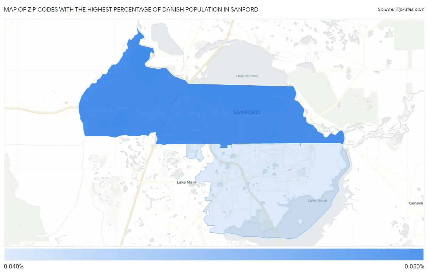Zip Codes with the Highest Percentage of Danish Population in Sanford Map