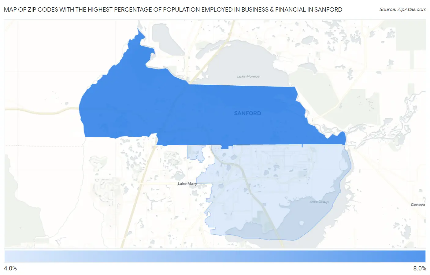 Zip Codes with the Highest Percentage of Population Employed in Business & Financial in Sanford Map