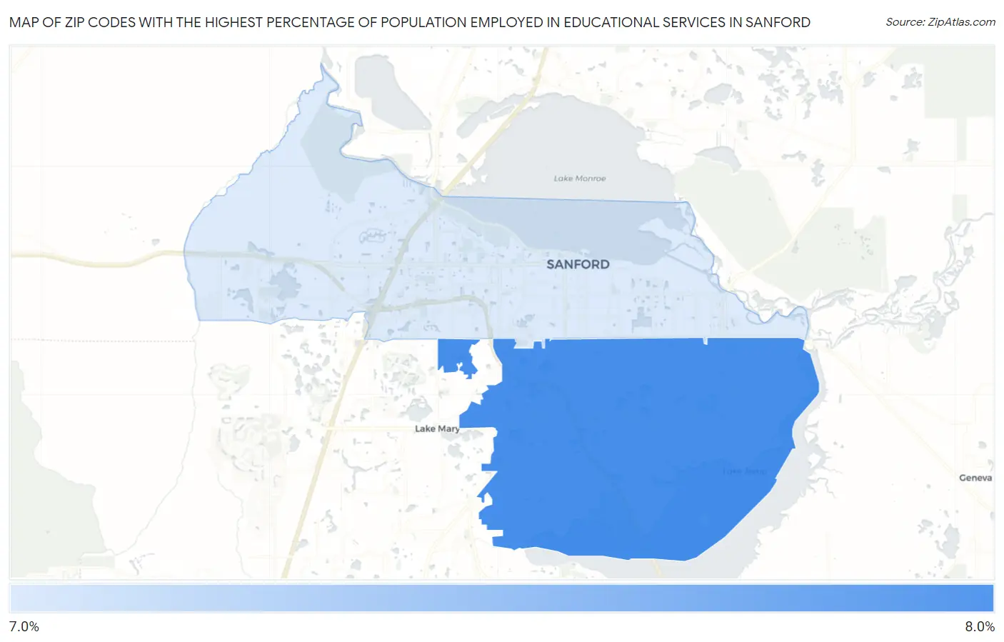 Zip Codes with the Highest Percentage of Population Employed in Educational Services in Sanford Map