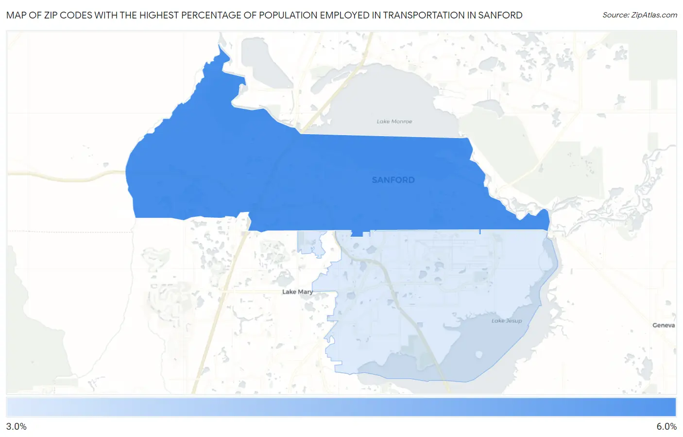 Zip Codes with the Highest Percentage of Population Employed in Transportation in Sanford Map