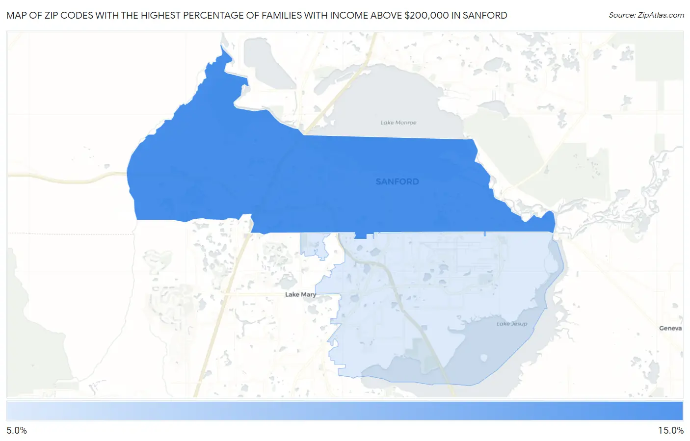 Zip Codes with the Highest Percentage of Families with Income Above $200,000 in Sanford Map