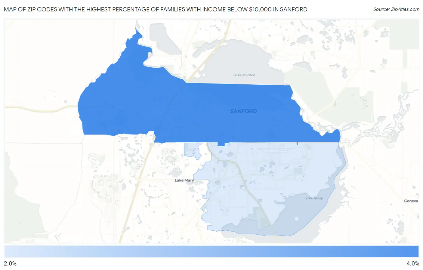 Zip Codes with the Highest Percentage of Families with Income Below $10,000 in Sanford Map