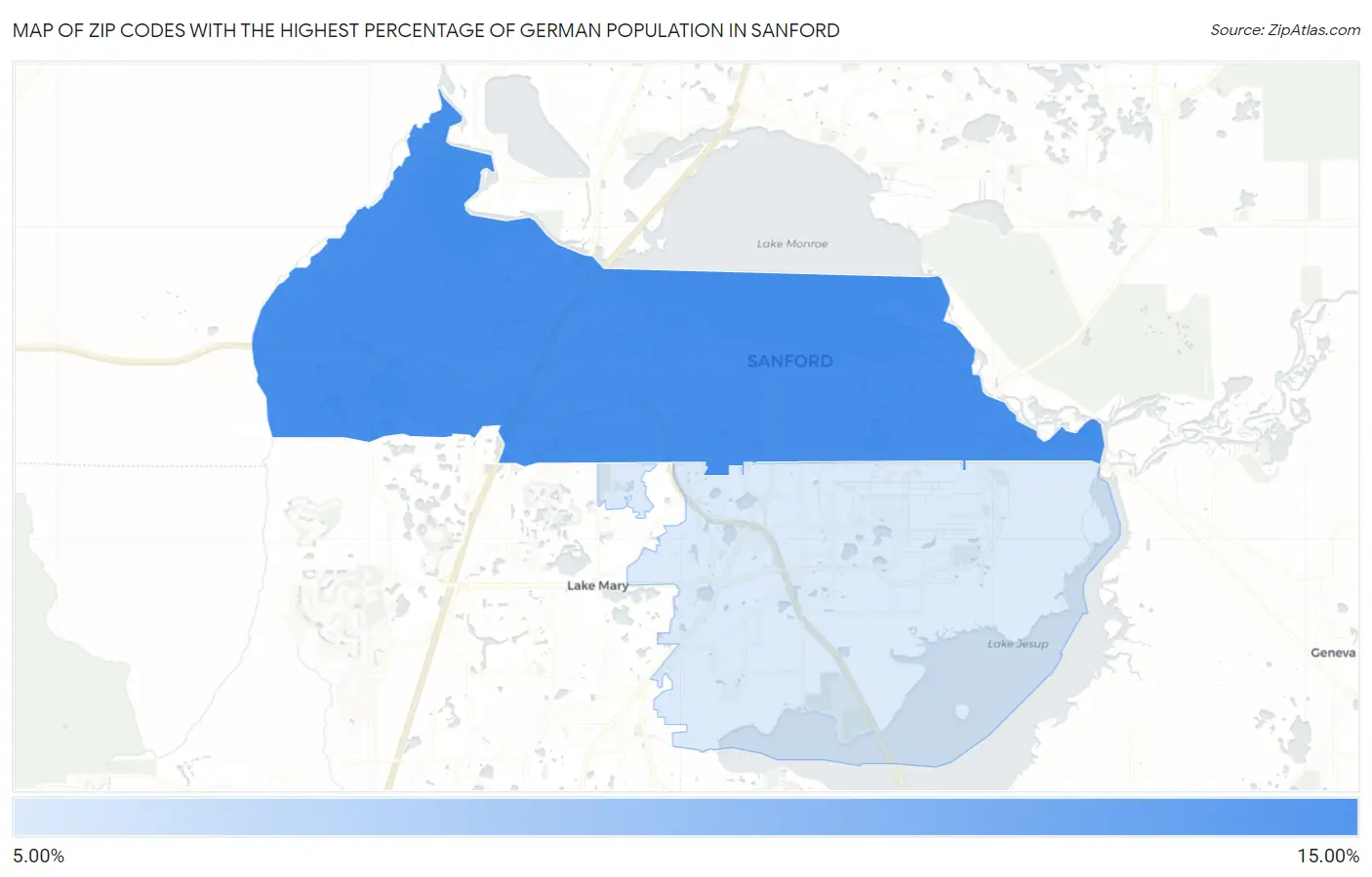 Zip Codes with the Highest Percentage of German Population in Sanford Map
