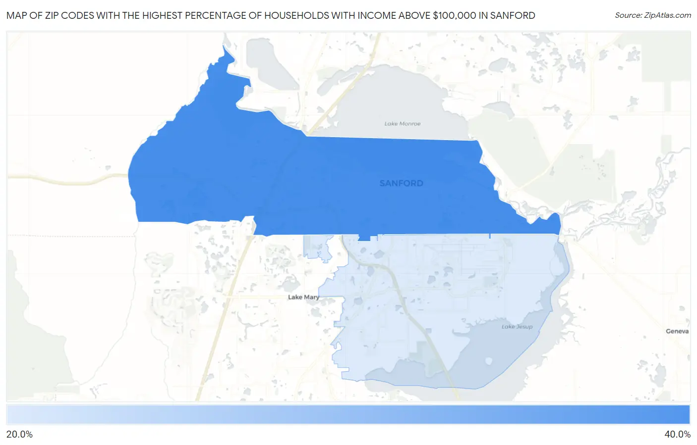 Zip Codes with the Highest Percentage of Households with Income Above $100,000 in Sanford Map