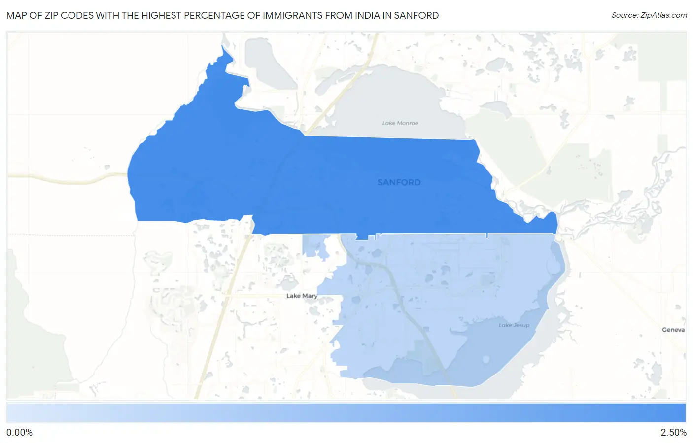 Zip Codes with the Highest Percentage of Immigrants from India in Sanford Map