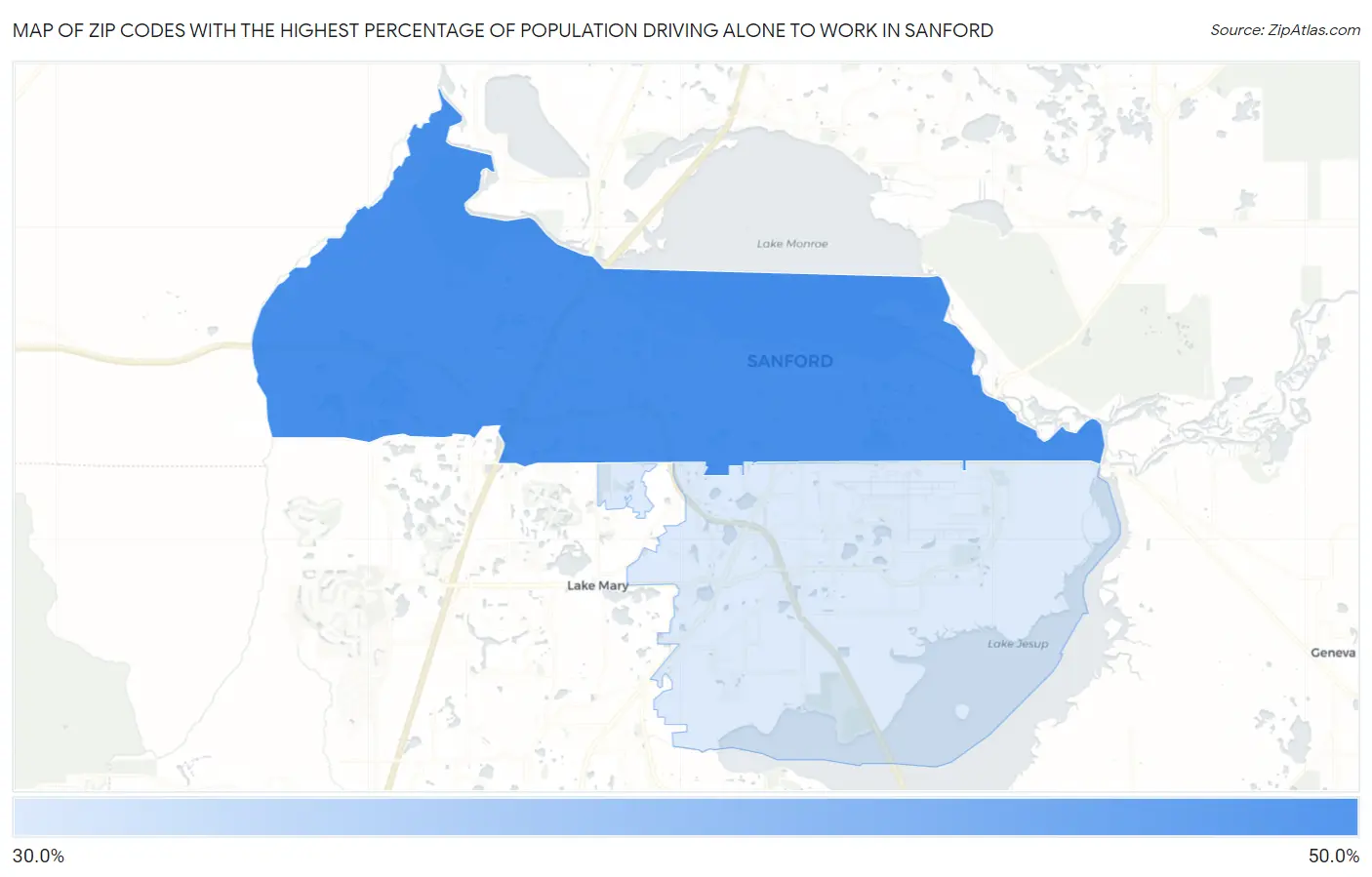 Zip Codes with the Highest Percentage of Population Driving Alone to Work in Sanford Map