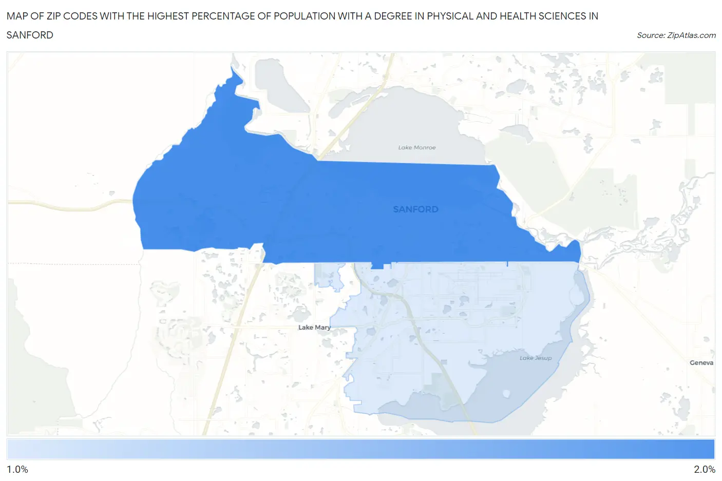 Zip Codes with the Highest Percentage of Population with a Degree in Physical and Health Sciences in Sanford Map