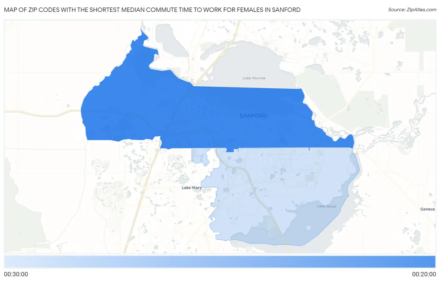 Zip Codes with the Shortest Median Commute Time to Work for Females in Sanford Map