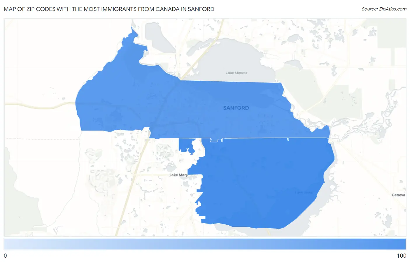 Zip Codes with the Most Immigrants from Canada in Sanford Map